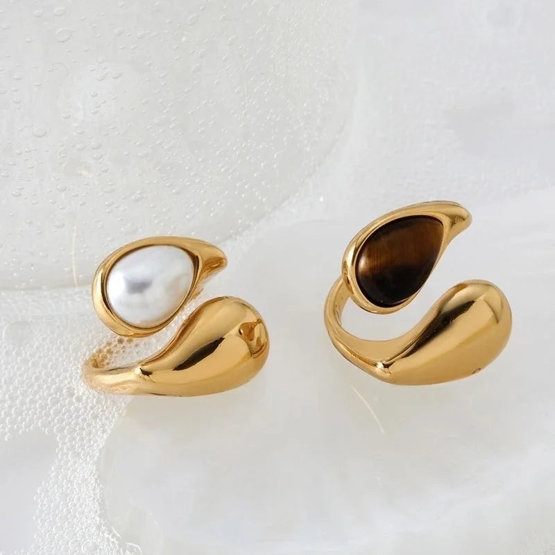 Modern Style Artistic Geometric 316 Stainless Steel Pearl Tiger Eye 16K Gold Plated White Gold Plated Gold Plated Open Rings