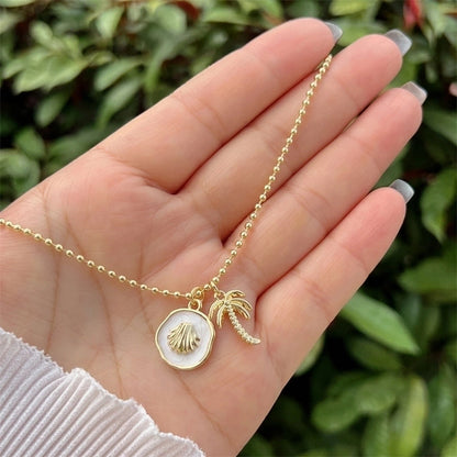 Copper Ball Chain 18K Gold Plated Inlay Scallop Conch Zircon Pendant Necklace