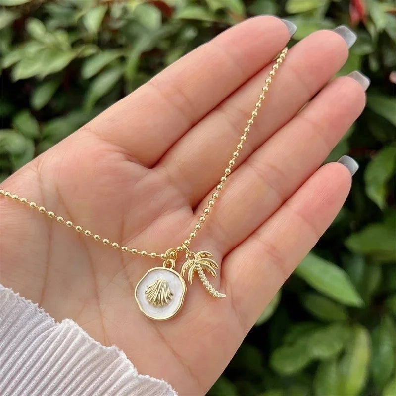 Copper Ball Chain 18K Gold Plated Inlay Scallop Conch Zircon Pendant Necklace