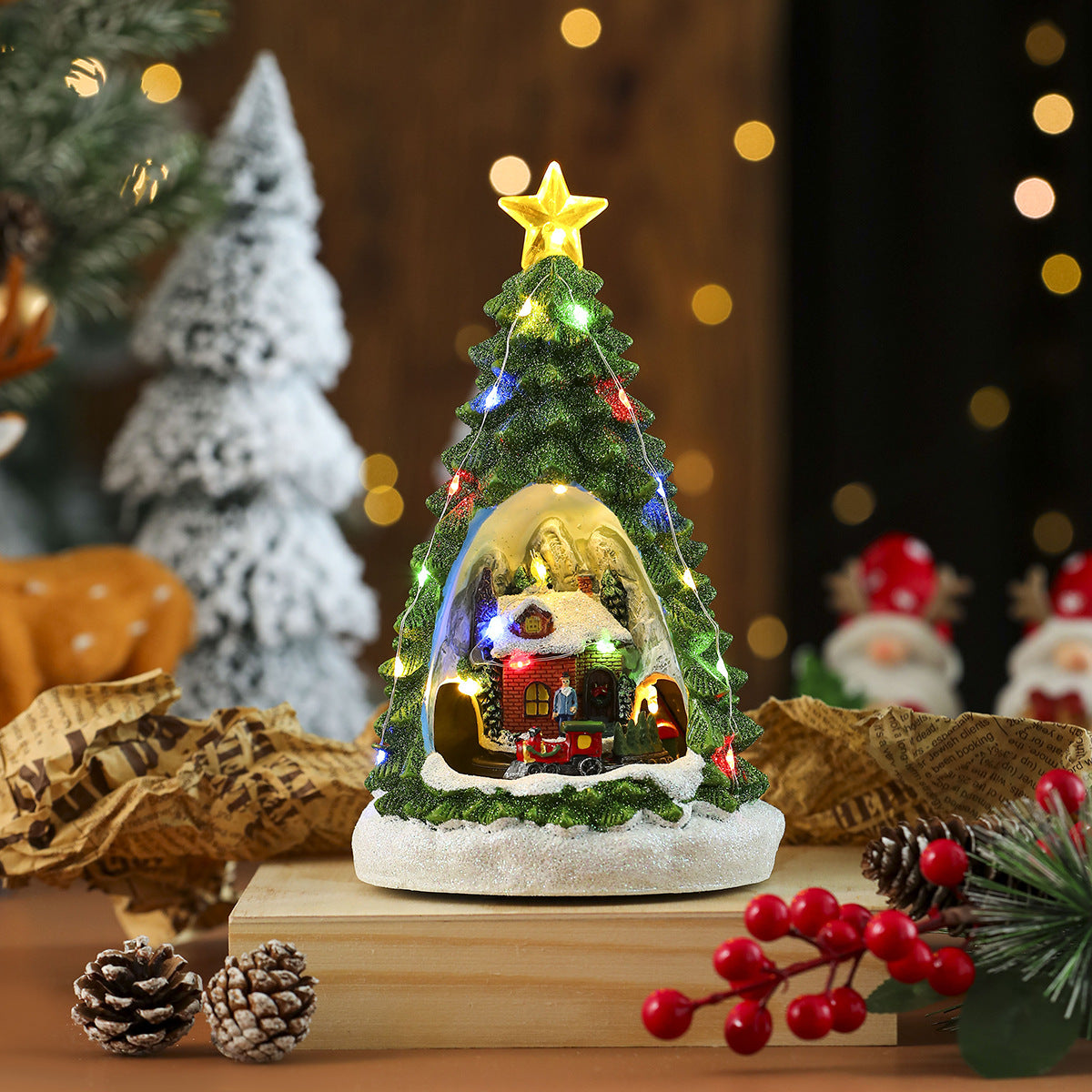 Multiple Christmas Rotating Resin Glowing Music Box Ornaments Rotating Small Train Christmas Gift