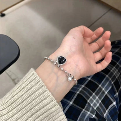 Fashion Heart Shape Alloy Titanium Steel Plating Rhinestones Artificial Pearls Women\'S Bracelets