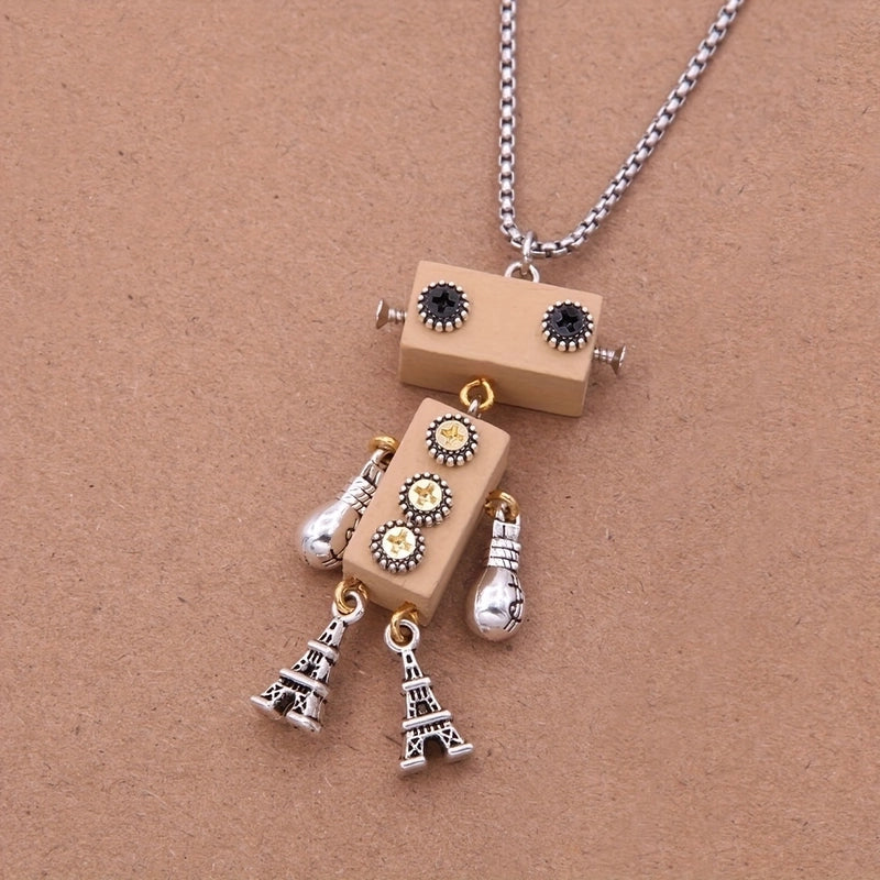Modern Style Cool Style Robot 304 Stainless Steel Alloy Wood 18K Gold Plated Pendant Necklace