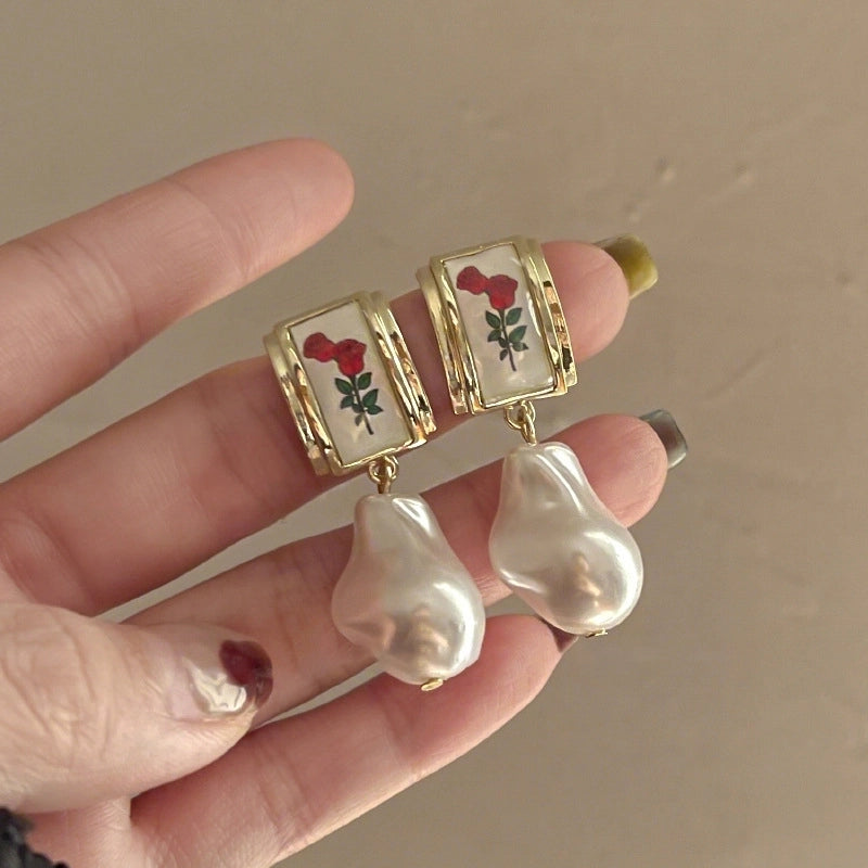 1 Pair Minimalist Flower Copper Enamel Rhinestones Drop Earrings Ear Studs