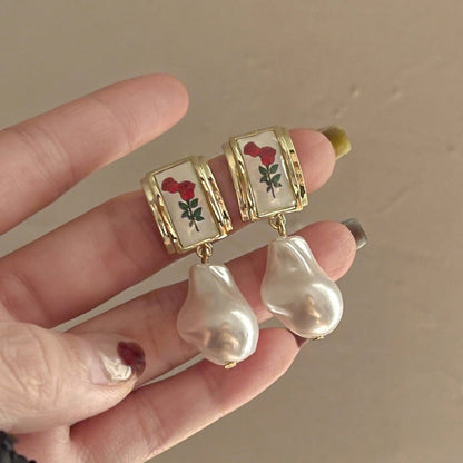 1 Pair Minimalist Flower Copper Enamel Rhinestones Drop Earrings Ear Studs