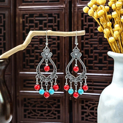 Bohemian Blue Turquoise National Style Earrings Imitation Miao Silver Metal Earrings Vintage Tassel Earrings