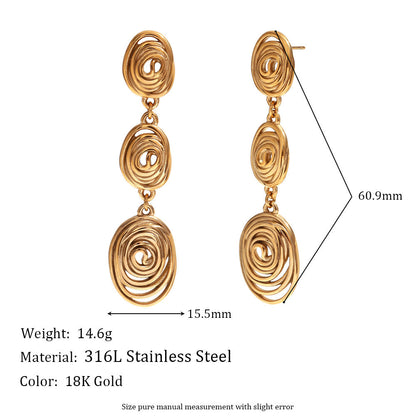Fashion Round Stripe Geometric Stainless Steel 18K Gold Plated Drop Earrings