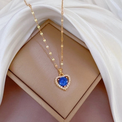 2 Pieces Minimalist Classic Style Geometric Heart Shape Titanium Steel Copper Zircon Pendant Necklace In Bulk