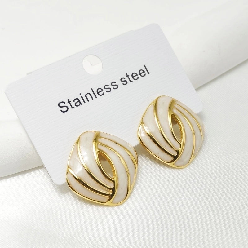 1 Pair Classical Vintage Style Square Enamel Plating 304 Stainless Steel 18K Gold Plated Ear Studs
