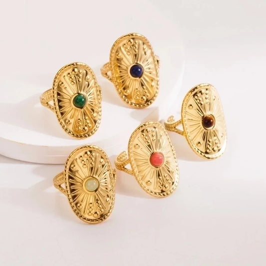 2 Pieces Vintage Style Minimalist Oval 304 Stainless Steel Natural Stone 14K Gold Plated Inlay Open Rings