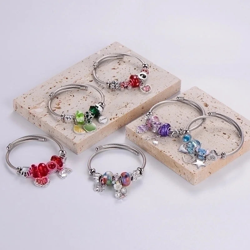 Sweet Classic Style Ice Cream Heart Shape Elephant Stainless Steel Alloy Beaded Epoxy Inlay Rhinestones Bracelets