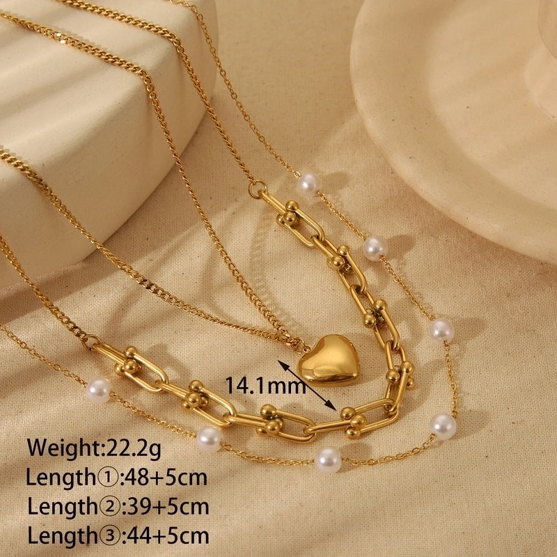 Vintage Style Geometric Heart Shape 304 Stainless Steel 18K Gold Plated Plating Three Layer Necklace