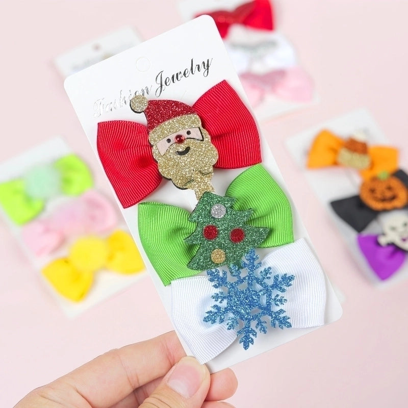 Halloween Christmas Independence Day Ethnic Style Kid'S Halloween Pattern Santa Claus American Flag Sequins Knitting Bowknot Hair Clip