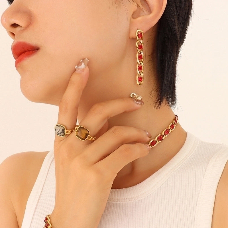 Retro Geometric 304 Stainless Steel Zircon 18K Gold Plated Bracelets Earrings Necklace