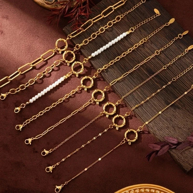 Minimalist Circle 201 Stainless Steel 304 Stainless Steel 18K Gold Plated Zircon Beaded Chain Paperclip Chain Bracelets In Bulk