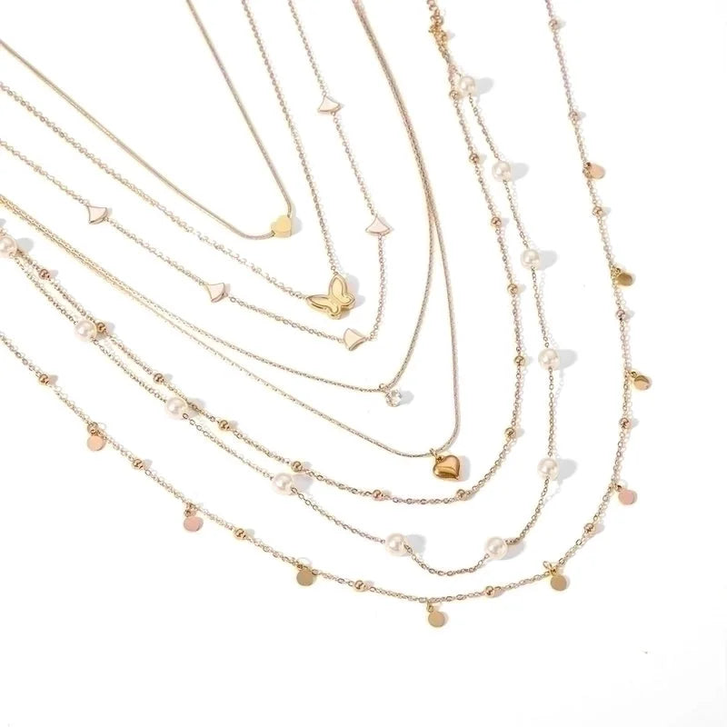 304 Stainless Steel 18K Gold Plated Casual Elegant Lady Plating Geometric Star Heart Shape Artificial Pearls Shell Layered Necklaces Pendant Necklace
