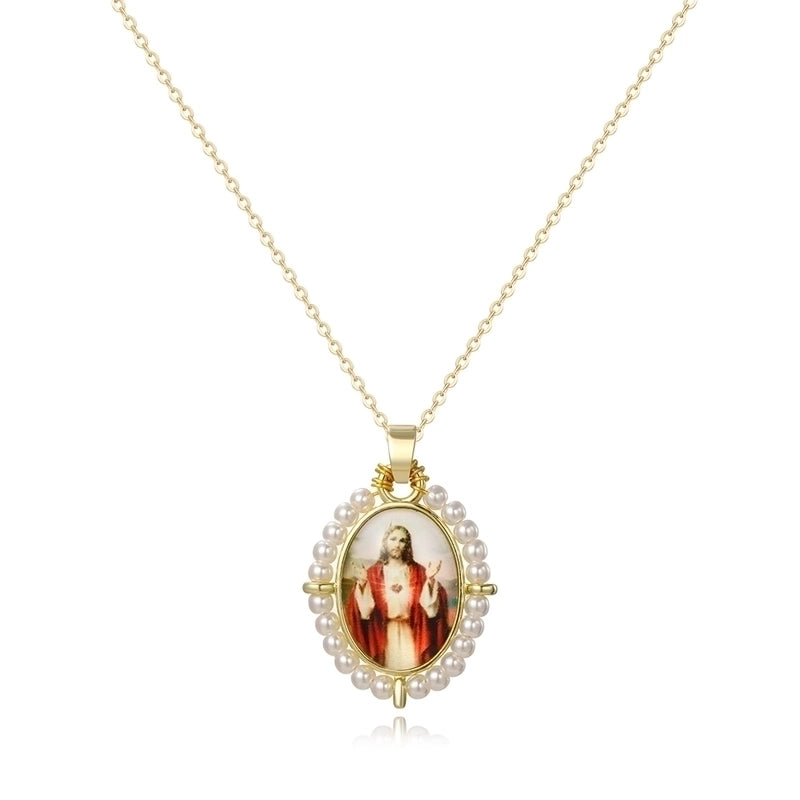 Copper 18K Gold Plated Inlay Human Virgin Mary Acrylic Imitation Pearl Pendant Necklace