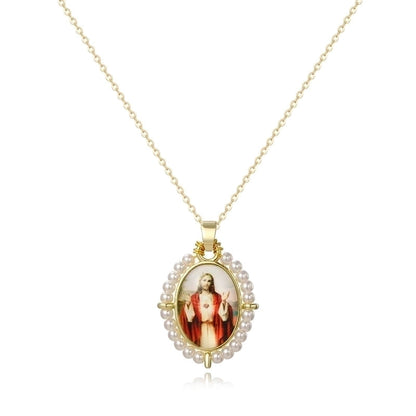 Copper 18K Gold Plated Inlay Human Virgin Mary Acrylic Imitation Pearl Pendant Necklace
