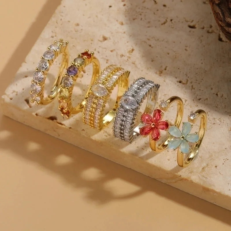 Minimalist Classic Style Round Flower Copper Asymmetrical Plating Inlay Zircon 14k Gold Plated Open Rings