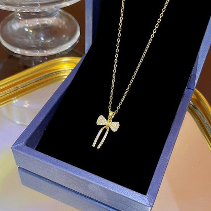 Elegant Classic Style Geometric Moon Bow Knot Titanium Steel Zircon Pendant Necklace