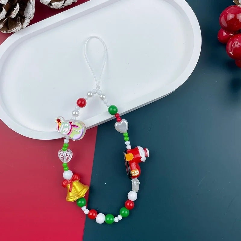 Elegant Minimalist Christmas Tree Santa Claus Snowman Resin Glass Beaded Christmas Mobile Phone Chain
