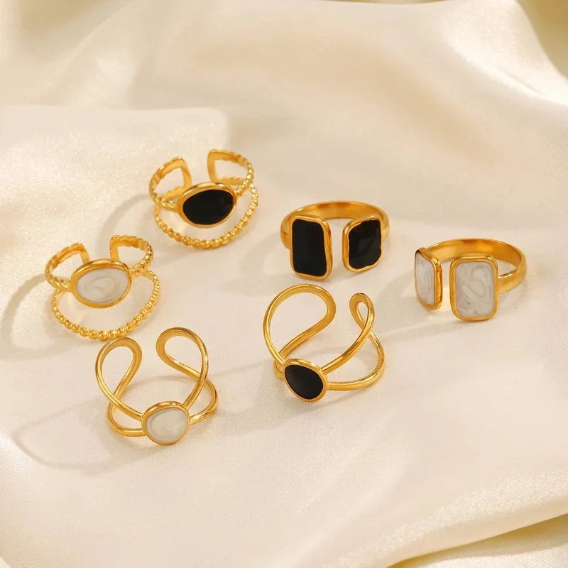 304 Stainless Steel 18K Gold Plated Minimalist Enamel Round Square Open Rings