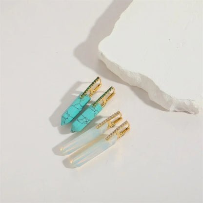 1 Pair Elegant Minimalist Commute Irregular Inlay Natural Stone Copper Zircon 14K Gold Plated Earrings