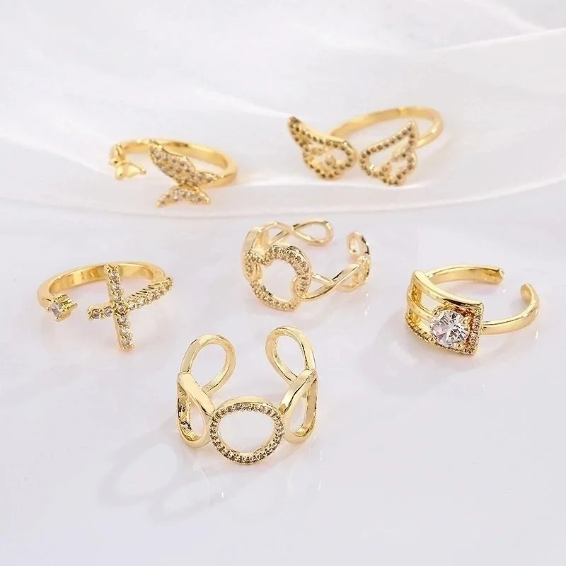 Classic Style Geometric Copper Plating Inlay Zircon 18k Gold Plated Open Ring
