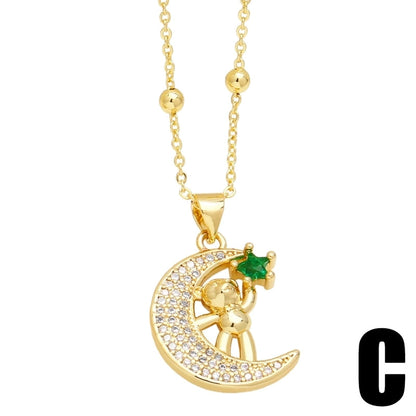 Cute Minimalist Little Bear Copper 18k Gold Plated Zircon Pendant Necklace In Bulk