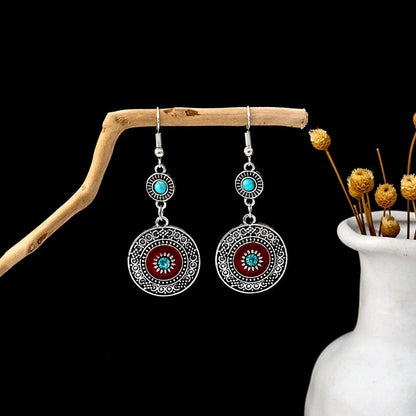 Bohemian Blue Turquoise National Style Earrings Imitation Miao Silver Metal Earrings Vintage Tassel Earrings