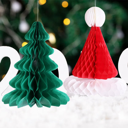 2 Pieces Christmas Honeycomb Paper Christmas Tree Christmas Hat Party Decoration Supplies Christmas Hanging Ornaments