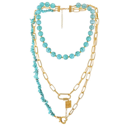 Elegant Exaggerated Lady Geometric Heart Shape Gold Plated Alloy Turquoise Three Layer Necklace