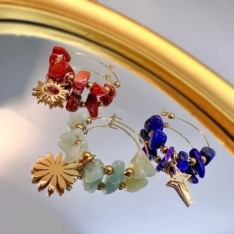 1 Pair Bohemian Leaf Sun Butterfly Stainless Steel Gravel Earrings