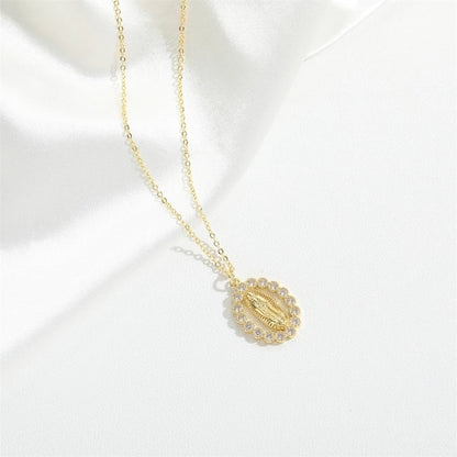 Vintage Style Minimalist Commute Round Copper Inlay 14K Gold Plated Zircon Pendant Necklace