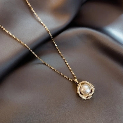 Retro Geometric Titanium Steel Inlay Artificial Pearls Rhinestones Pendant Necklace 1 Piece