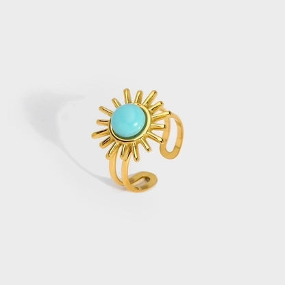304 Stainless Steel 18K Gold Plated Modern Style Inlay Flower Turquoise Open Rings