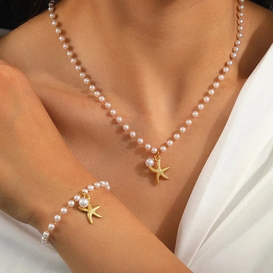 Sweet Starfish 304 Stainless Steel Imitation Pearl Plating Stainless Steel Jewelry Sets
