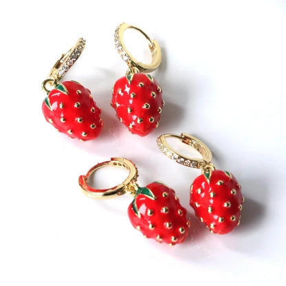 2 Pieces Cute Sweet Strawberry Enamel Plating Inlay Copper Zircon 18K Gold Plated Drop Earrings