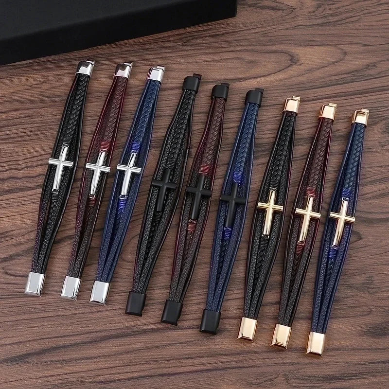 Casual Streetwear Cross 304 Stainless Steel Pu Leather Copper 18K Gold Plated Copper Bangle In Bulk