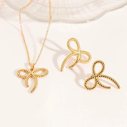 Cute Bow Knot 304 Stainless Steel 18K Gold Plated Earrings Necklace