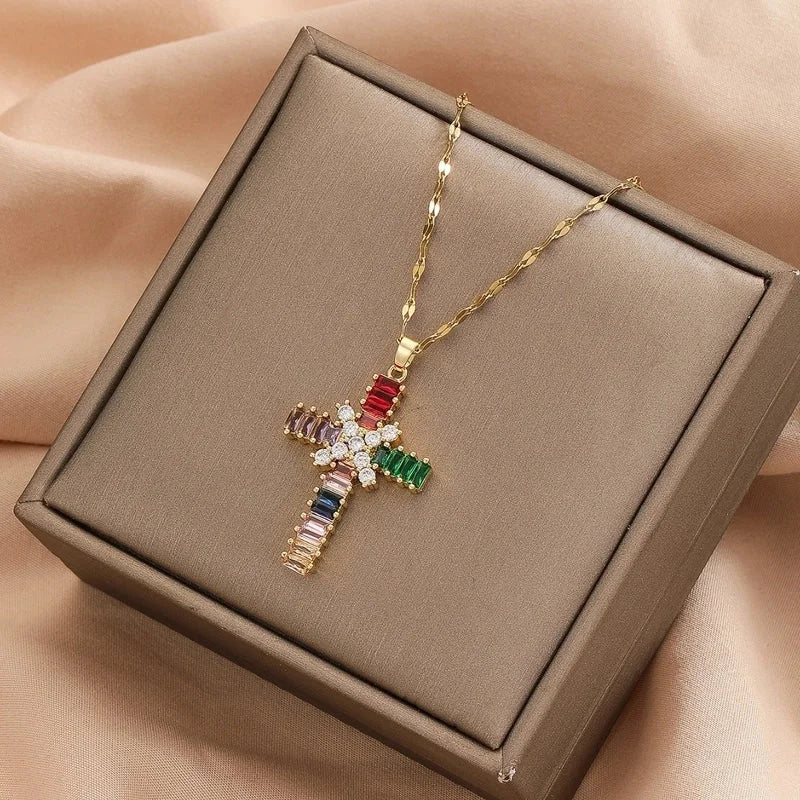 Copper Inlay Cross Rhinestones Pendant Necklace