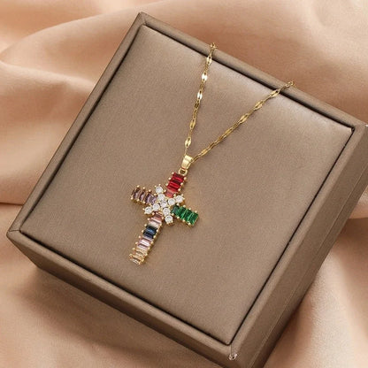 Copper Inlay Cross Rhinestones Pendant Necklace