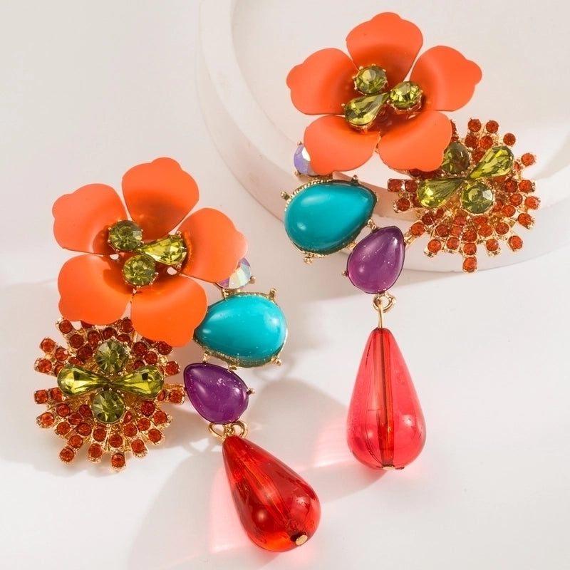 Fashion Exaggerated Bohemian Earrings Alloy Resin Flower Earrings Layered Retro Long Earrings