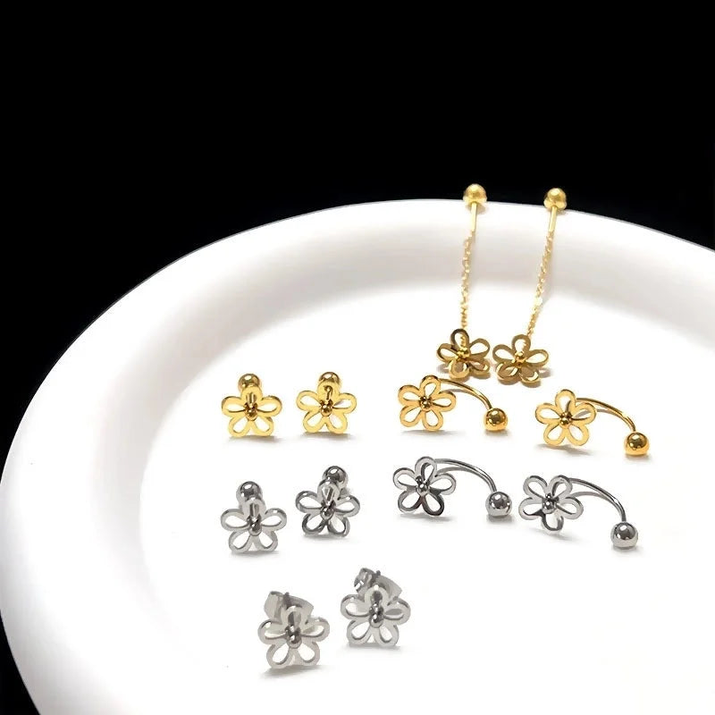 1 Piece Classic Style Flower Plating 304 Stainless Steel Drop Earrings Ear Studs