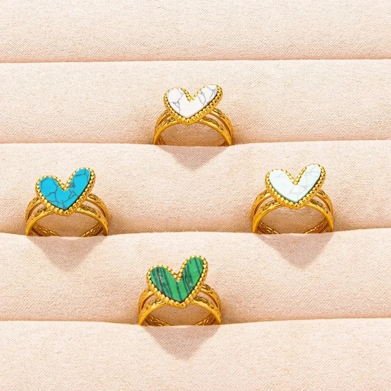 304 Stainless Steel Minimalist Inlay Heart Shape Artificial Gemstones Rings