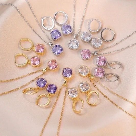 Minimalist Square Titanium Steel Inlay Zircon Earrings Necklace