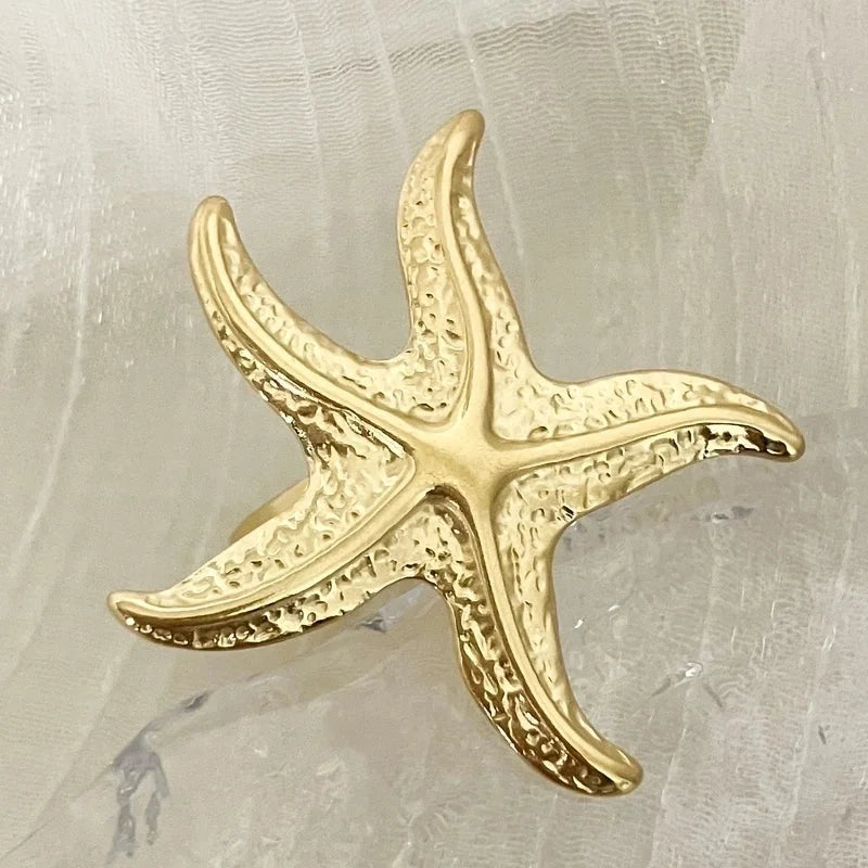 304 Stainless Steel Gold Plated Vacation Tropical Star Starfish Open Rings