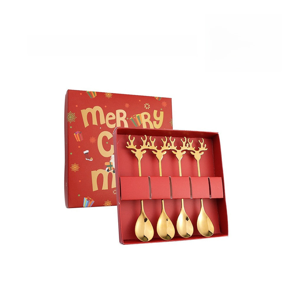 J304 Stainless Steel Elk Spoon And Fork Set Christmas Spoon And Fork Set Coffee Stirring Spoon Dessert Christmas Spoon