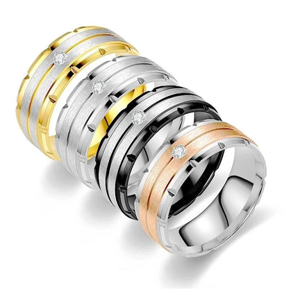 Modern Style Minimalist Round Titanium Steel Artificial Diamond 18K Gold Plated Inlay Wide Band Ring