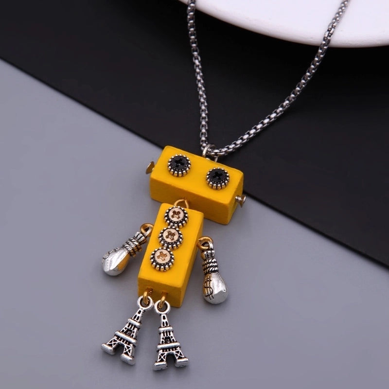 Modern Style Cool Style Robot 304 Stainless Steel Alloy Wood 18K Gold Plated Pendant Necklace