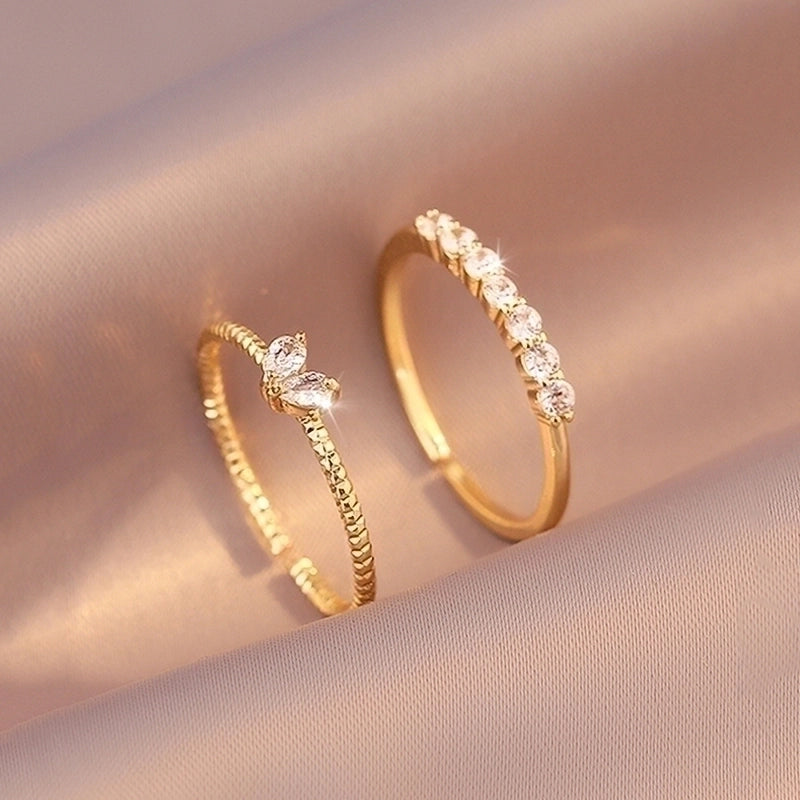 2 Pieces Korean Style Round Stainless Steel Zircon Open Ring